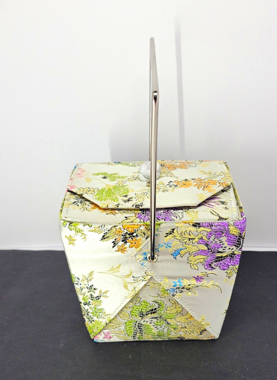Floral Fabric Sewing Basket w/ Folding Top & Metal Handle, Cream 6x5x5 in